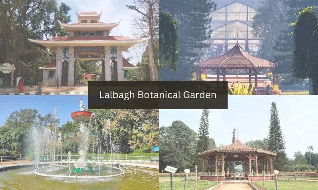 The Lalbagh Glass House, a stately glass and iron structure inspired by London's Crystal Palace, surrounded by lush green foliage and vibrant flowers.